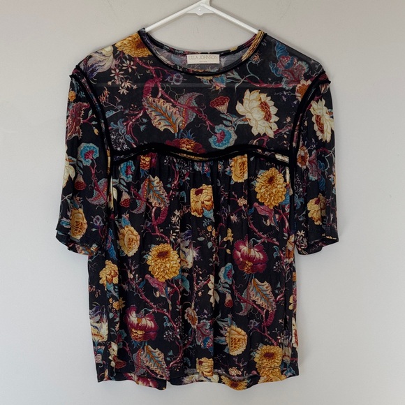 Ulla Johnson Floral with Black Piping Tee - M - Picture 1 of 5